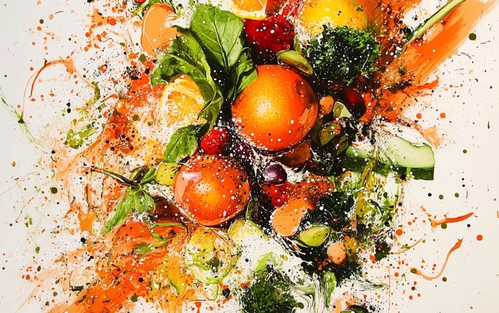abstract art of a mass of fruits and vegetables with a strike of orange paint