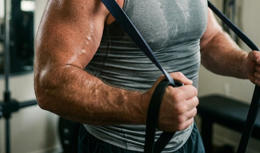 Muscular man exerting effort using resistance bands during workout